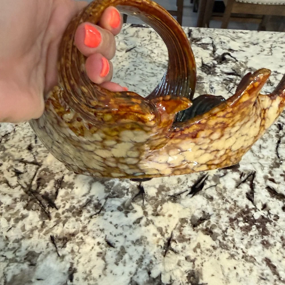 Vintage mid-century mojolica Handcrafted Ceramic Fish Basket - Brown and Green
